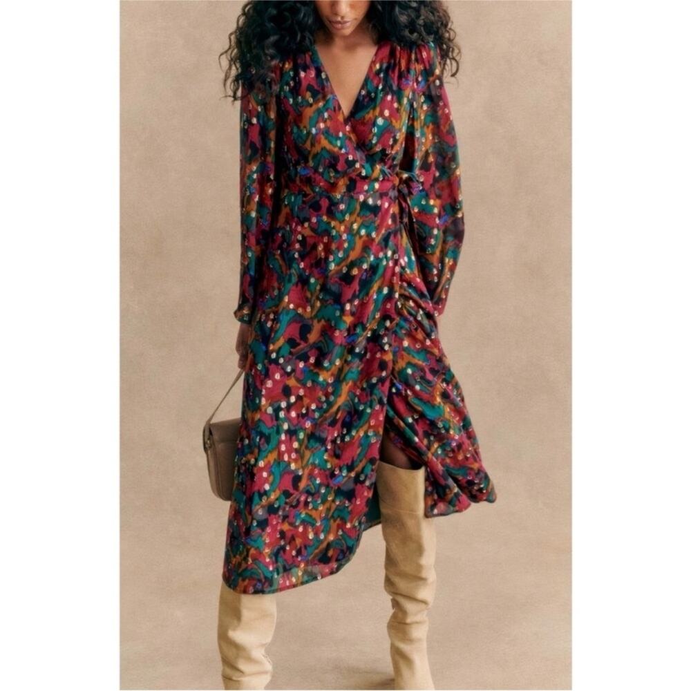 NWT Sezane Linoy Lurex Wrap Midi Dress in Multicolor Lucky Print 34 / 2